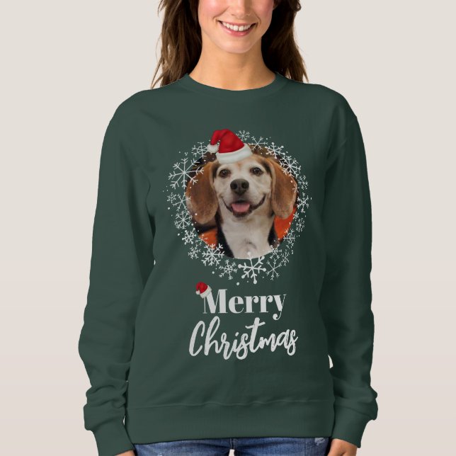 Pet Photo Red Santa Hat Dark Green Christmas Sweatshirt (Front)