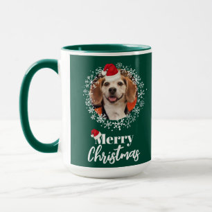 Pet Photo Red Santa Hat Snowflakes Green Christmas Mug