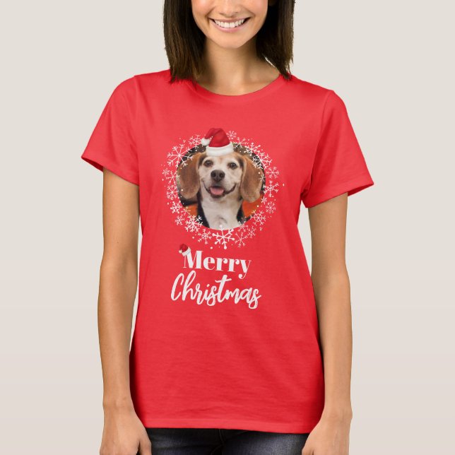 Pet Photo Red Santa Hat Snowflakes Merry Christmas T-Shirt (Front)