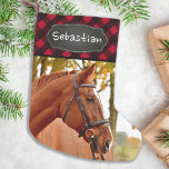 Pet Photo Rustic Red Buffalo Plaid Horse Lover Small Christmas Stocking<br><div class="desc">Decorate your home and spoil your favorite pet with this super cute and fun custom horse photo christmas stocking in a red and black buffalo check plaid design . Perfect for horse, dog, cat and kids! Makes a treasured keepsake to celebrate the special puppy first Christmas. Stocking is single sided,...</div>