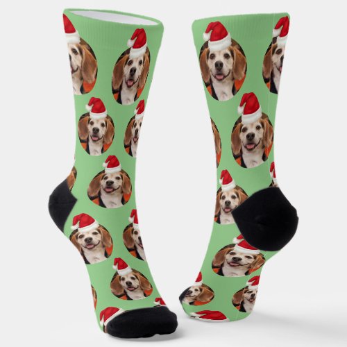 Pet Photo Sage Green Santa Hats Cute Christmas Socks