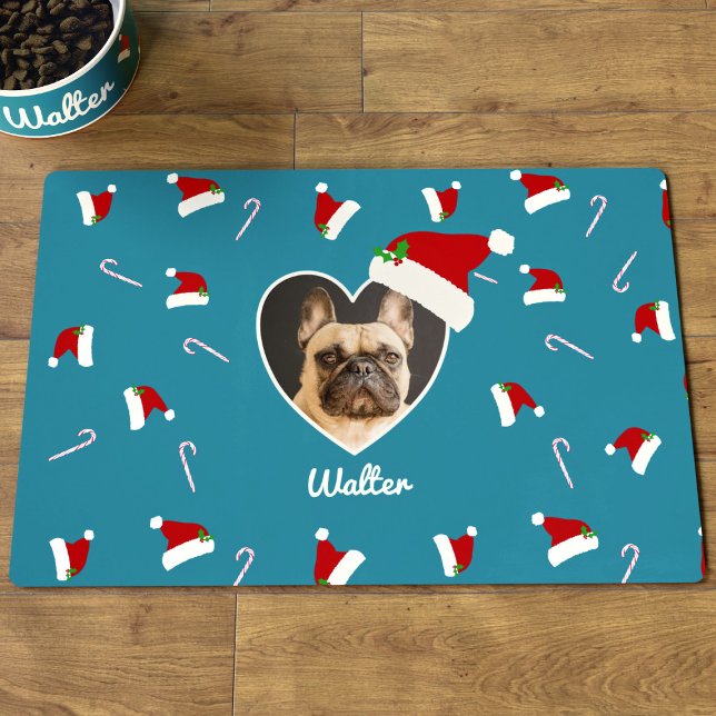 Pet Photo Santa Hat Cute Christmas Placemat (A festive santa hat and candy cane pattern food mat with space for your pet photo and name. )