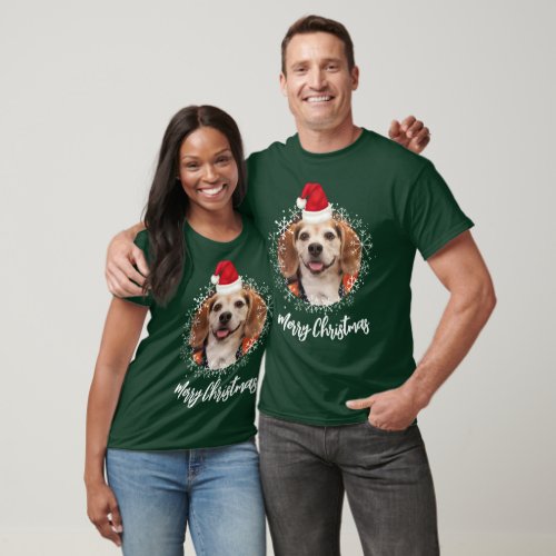 Pet Photo Santa Hat Dark Green Merry Christmas T_Shirt