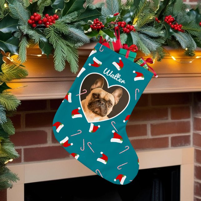 Pet Photo Santa Hat Pattern Dog Christmas Stocking (This christmas stocking is begging to be filled with all the good stuff. No coal allowed!)