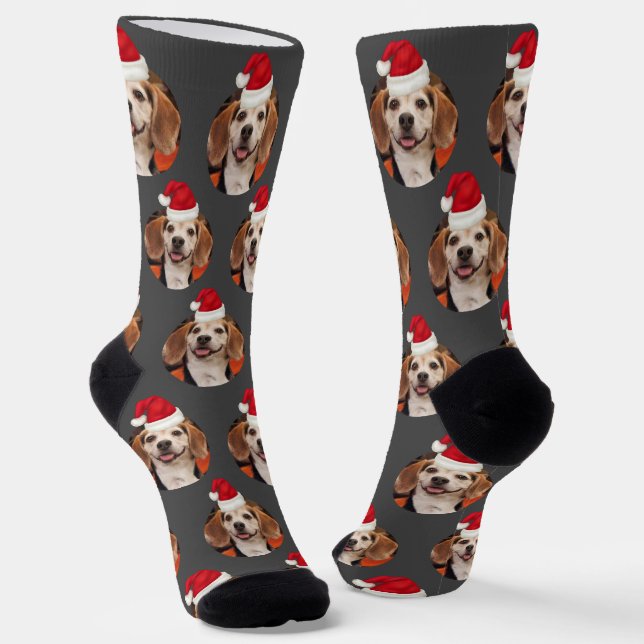 Pet Photo & Santa Hats on Head Gray Christmas Socks (Angled)