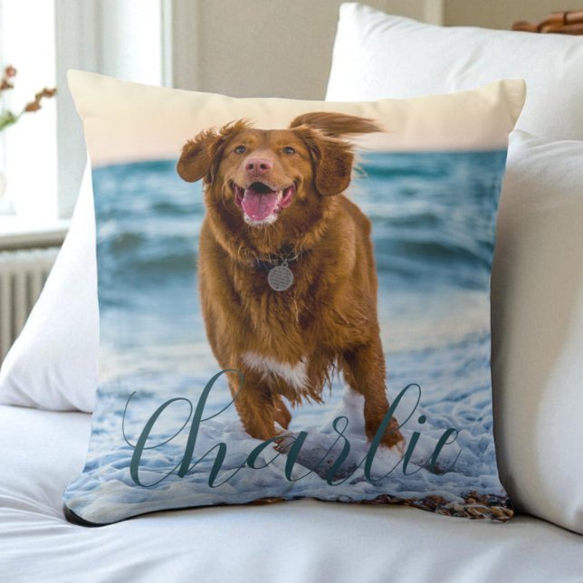 Pet Photo Script Name Modern Personalized Dog Throw Pillow (Pet Photo Script Name Modern Personalized Dog Throw Pillow)