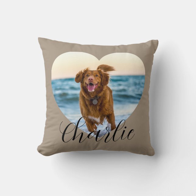 Pet Photo Script Taupe Cute Heart Personalized Dog Throw Pillow (Front)