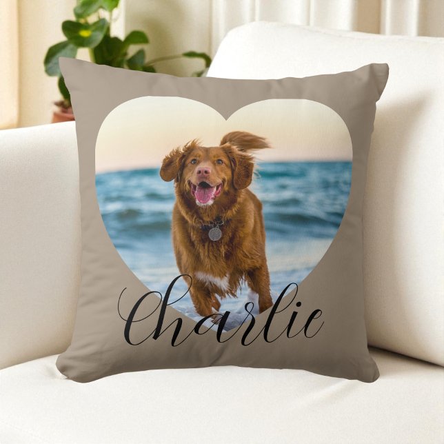 Pet Photo Script Taupe Cute Heart Personalized Dog Throw Pillow (Pet Photo Script Taupe Cute Heart Personalized Dog Throw Pillow)