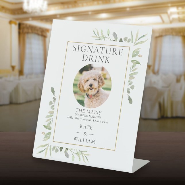 Pet Photo Signature Drink Greenery Wedding Pedestal Sign (Pet Photo Signature Drink Greenery Wedding Pedestal Sign)