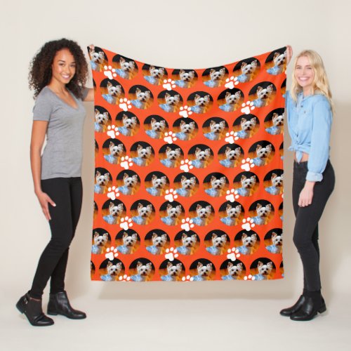 Pet Photo Sporty Orange w Paw Print Personalized Fleece Blanket