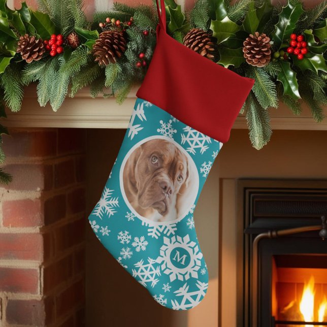Pet Photo Teal Snowflake Dog Christmas Stocking (You can add their initial to the snowflake. Hang it high and get ready for that guy in the red suit )