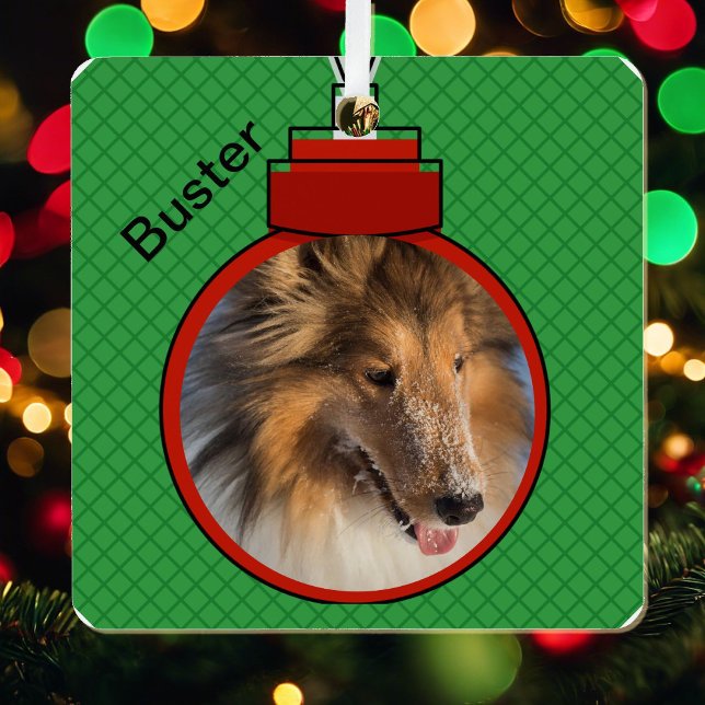 Pet Photo Template w Name Christmas Lightweight Me Metal Ornament (Creator Uploaded)