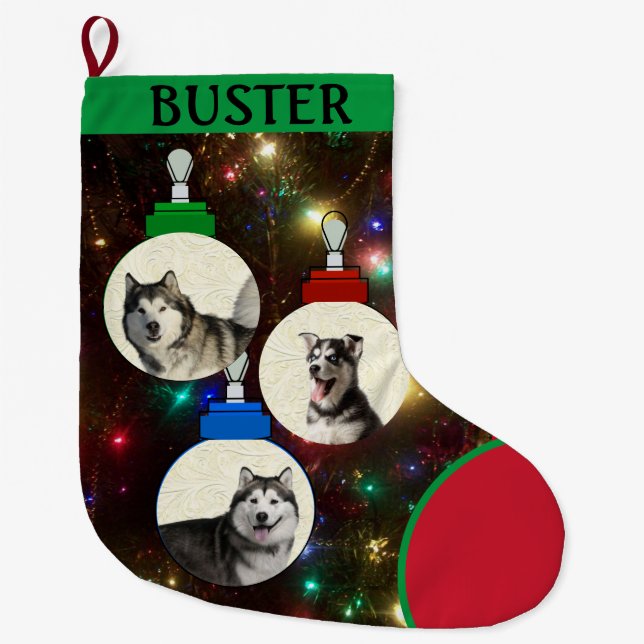 Pet Photo Tree Ornaments Add Name Large Christmas Stocking (Front)
