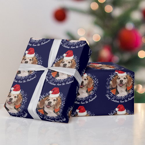 Pet Photo w Santa Hat Snowflakes Navy Christmas Wrapping Paper