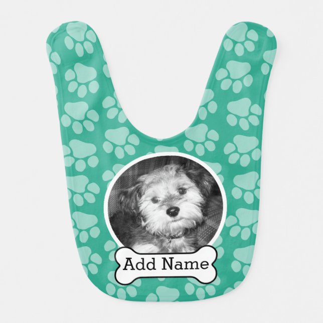 Pet Photo with Dog Bone and Paw Prints Green Bib (Front)