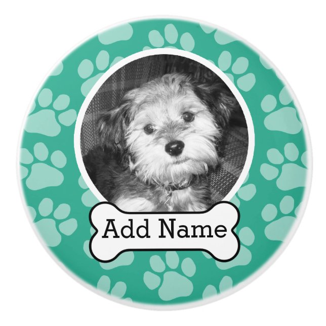Pet Photo with Dog Bone and Paw Prints Green Ceramic Knob (Front)