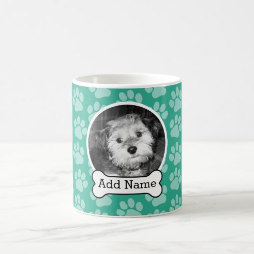 Pet Photo with Dog Bone and Paw Prints Green Coffee Mug