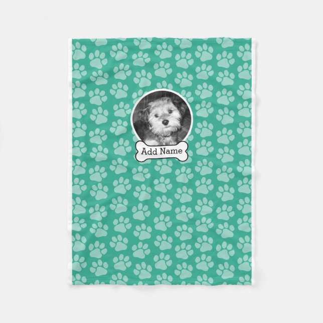 Pet Photo with Dog Bone and Paw Prints Green Fleece Blanket (Front)