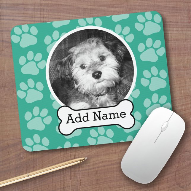 Pet Photo with Dog Bone and Paw Prints Green Mouse Pad (Personalized mousepad - Add Photos and Custom Text)