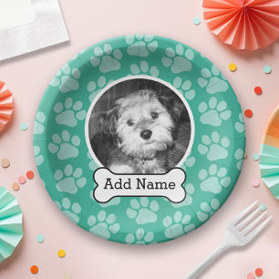 Pet Photo with Dog Bone and Paw Prints Green Paper Plates