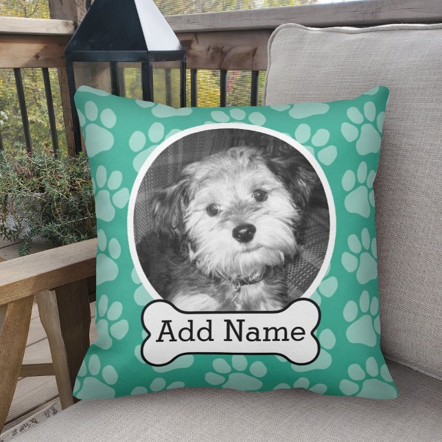 Pet Photo with Dog Bone and Paw Prints Green Throw Pillow (Creator Uploaded)