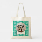 Pet Photo with Dog Bone and Paw Prints Green Tote Bag (Back)
