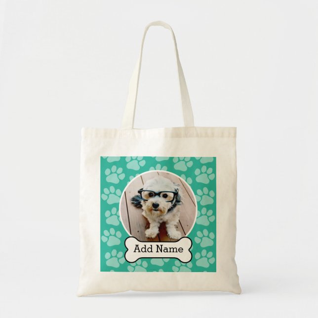 Pet Photo with Dog Bone and Paw Prints Green Tote Bag (Front)
