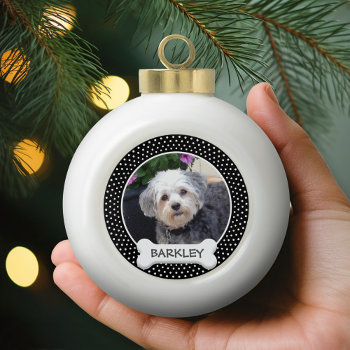 Pet Photo With Dog Bone - Black White Polka Ceramic Ball Christmas Ornament by JustChristmas at Zazzle