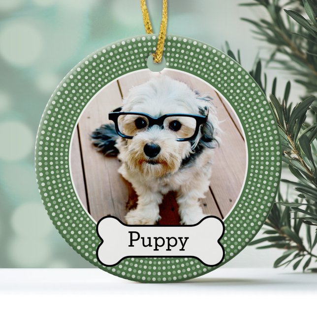 Pet Photo with Dog Bone - green polka dots Ceramic Ornament (A fun pet ornament with a green polka dot border with a dog bone area for the pet name)