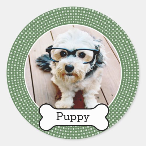 Pet Photo with Dog Bone _ green polka dots Classic Round Sticker