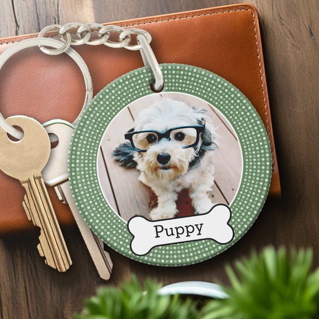 Pet Photo with Dog Bone - green polka dots Keychain (Personalized Keychain - pet photo)