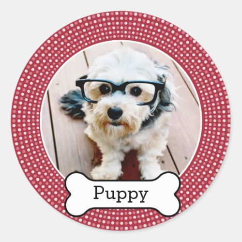 Pet Photo with Dog Bone _ red polka dots Classic Round Sticker