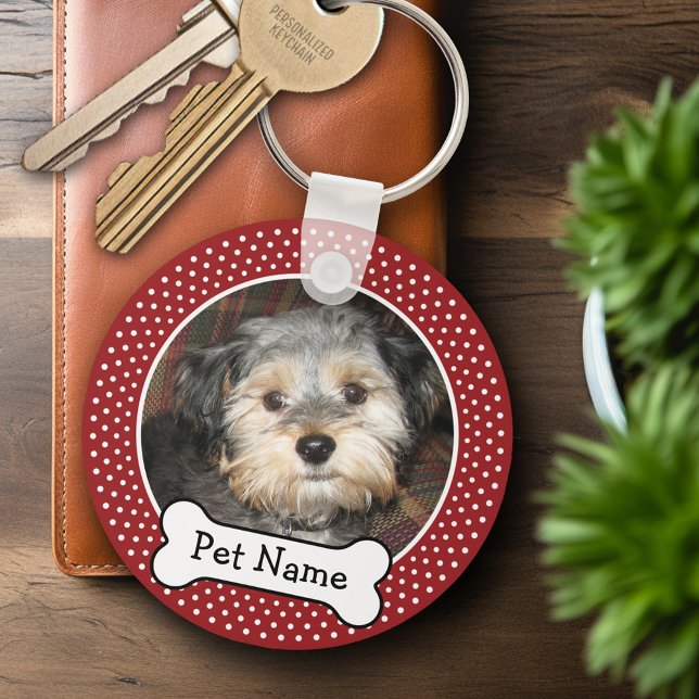Pet Photo with Dog Bone Red Polka Dots Keychain (Personalized Keychain - Add Your Pet Dog Photo)