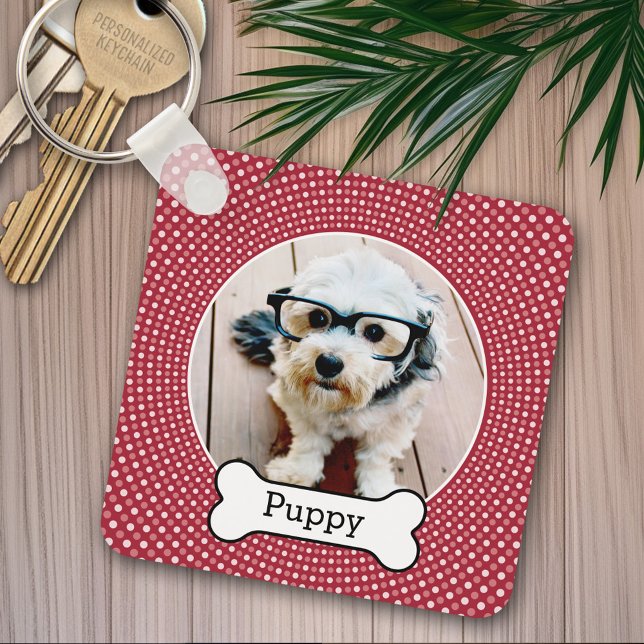 Pet Photo with Dog Bone - red polka dots Keychain (Personalized keychain - add a pet photo)