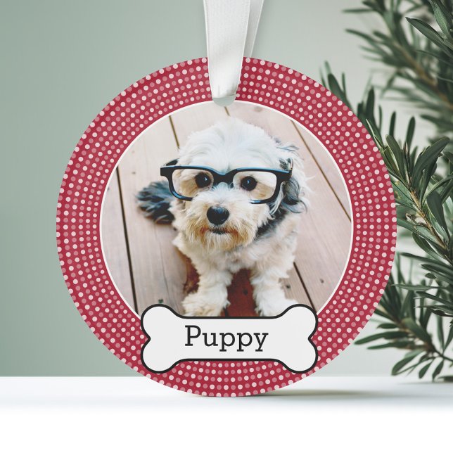 Pet Photo with Dog Bone - red polka dots Ornament (Personalized Photo Ornament - Pet Theme)