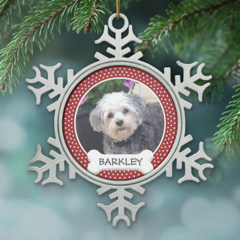 Pet Photo With Dog Bone - Red Polka Dots Snowflake Pewter Christmas Ornament by JustChristmas at Zazzle