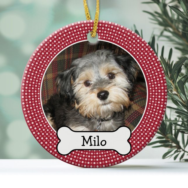 Pet Photo with Dog Bone - Single Sided Ceramic Ornament (Personalized Christmas Photo Ornament)
