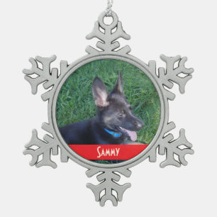 Pet Photo with Monogrammed Name Holiday Snowflake Pewter Christmas Ornament