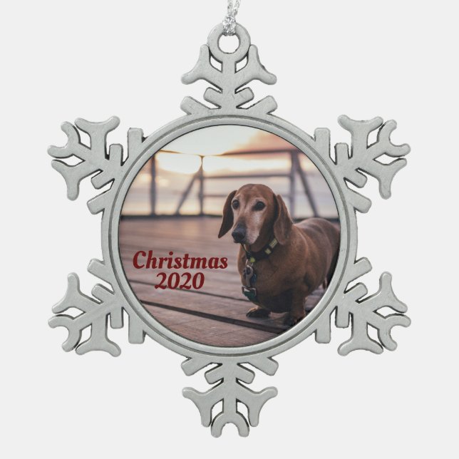 Pet Photograph, Christmas 2020, Personalized Snowflake Pewter Christmas Ornament (Front)