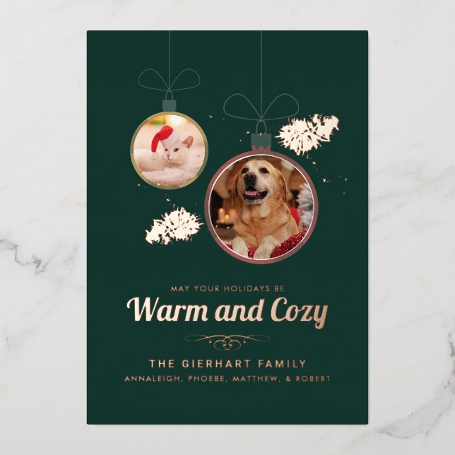 Pet Photos Family Christmas Modern Foil Holiday Card (Front)