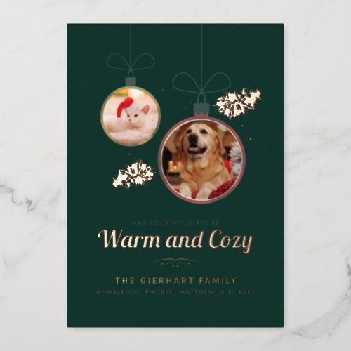 Pet Photos Family Christmas Modern Rose Gold Foil Holiday Card