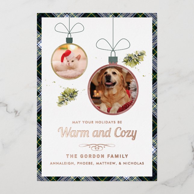 Pet Photos Gordon Tartan Christmas Rose Gold Foil Holiday Card (Front)