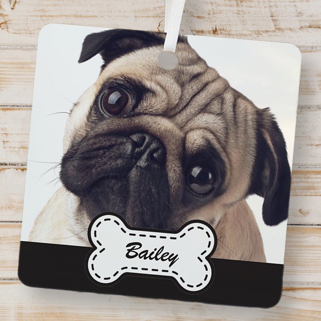 Pet Photos on Cute Dog Bone Add Name Metal Ornament (Creator Uploaded)