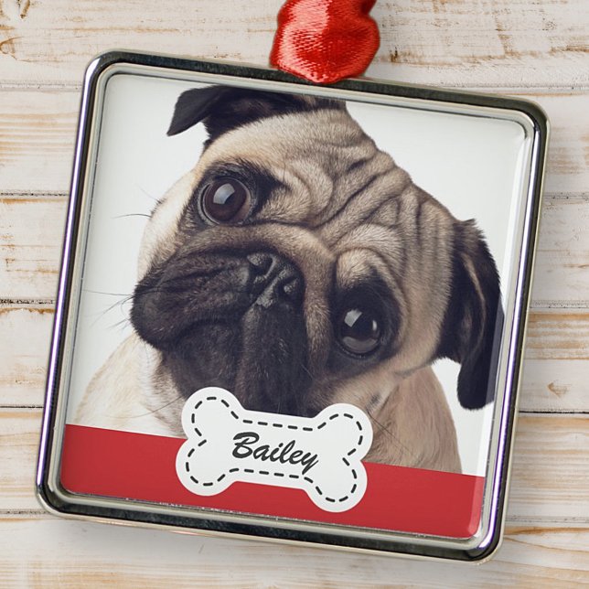 Pet Photos on Cute Dog Bone Add Name Metal Ornament (Creator Uploaded)