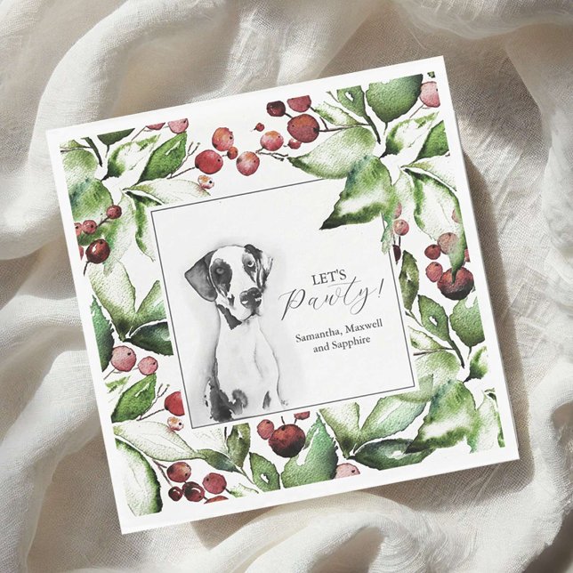 Pet Portrait Christmas Cocktail Napkins (custom pet portrait Christmas cocktail napkins with watercolor great dane dog design Do Tell A Belle)