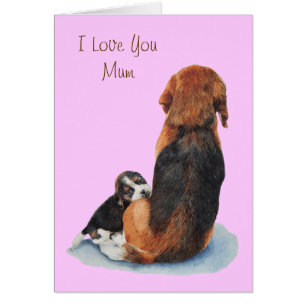 pet portrait cute puppy beagle cuddling mum dog cards