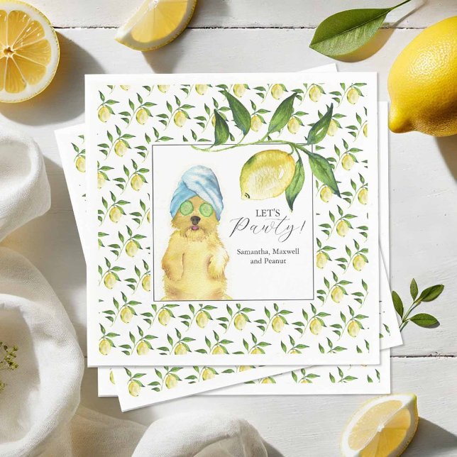 Pet Portrait Lemon Cocktail Napkins (Pet portrait cocktail napkins designed with hand painted lemon and morkie poo watercolor art)