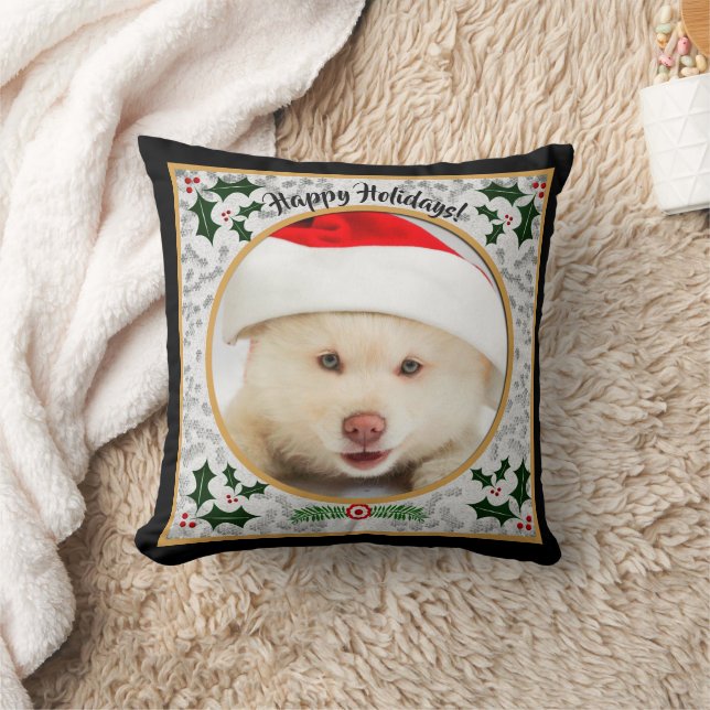 Pet Puppy Dog Christmas Photo Holidays Custom  Throw Pillow (Blanket)