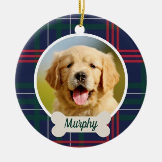 Pet Puppy Dog Navy Holiday Plaid Photo Monogram Ceramic Ornament