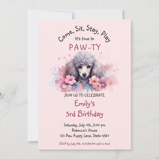 Pet Puppy Poodle Dog Birthday Pawty  Invitation (Front)
